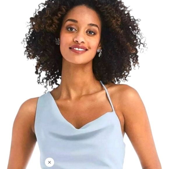 After 6 Draped Cowl Neck Mist Pale Blue Trumpet Gown Wedding Side Slit Sz 12 NWT - Picture 6 of 14